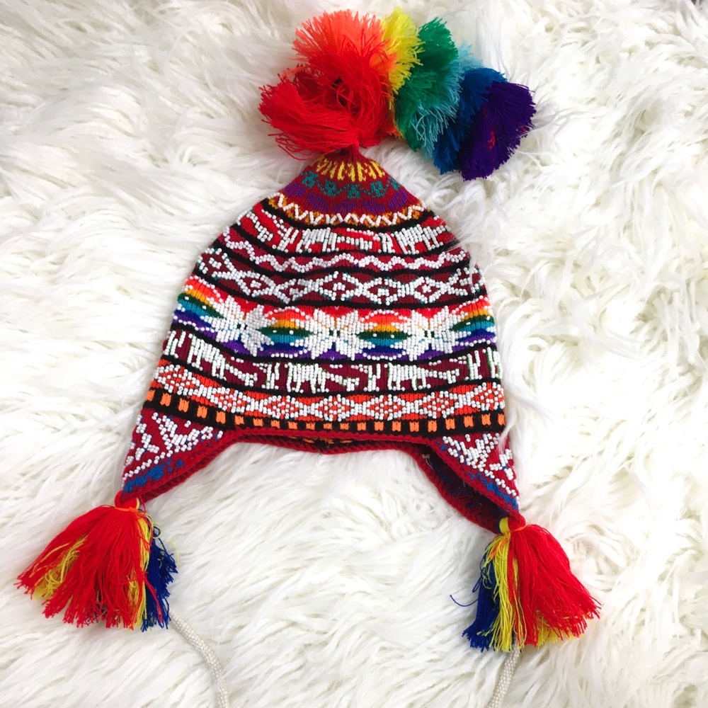 Andean Mountain Shaman Q'ero chullo Peruvian Beaded Ceremony Hat Multicolor